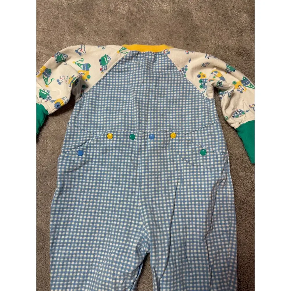 Vintage Rainbow Gymboree Infant Boys Blue Green Plaid Trucks One Piece 6-12 mo